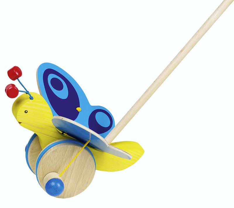 Schiebetier Schmetterling, gelb mit blauen Flügeln, Holz